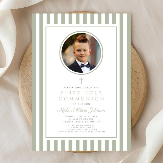 Invitación Elegant Sage Green Photo Boy First Communion (Elegant Sage Green Photo Boy First Communion Invitation)