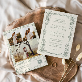 Invitación Elegant Sage Green Photo QR Code Vintage Wedding
