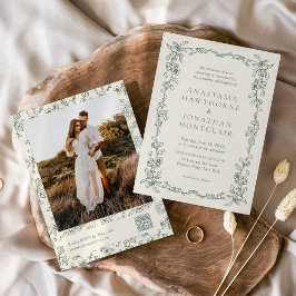 Invitación Elegant Sage Green Photo QR Code Vintage Wedding