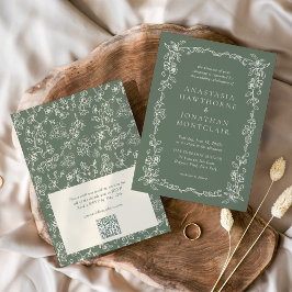 Invitación Elegant Sage Green QR Code RSVP Victorian Wedding