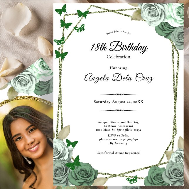 Invitación Elegant Sage Green Rose 18th Birthday Debut  (Subido por el creador)