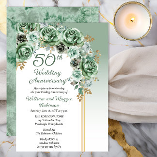 Invitación Elegant Sage Green Rose Floral 50th Anniversary