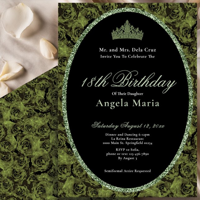 Invitación Elegant Sage Green Roses 18th Birthday Debut (Subido por el creador)