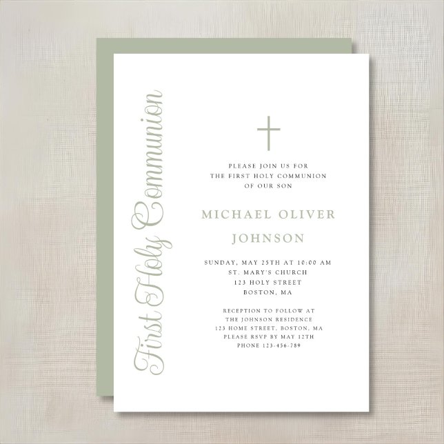 Invitación Elegant Sage Green Script Boy First Communion (Subido por el creador)
