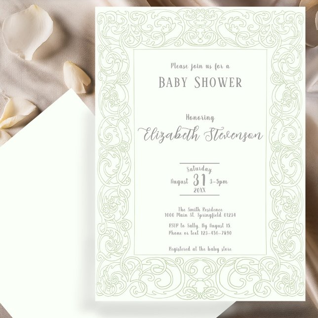 Invitación Elegant Sage Green Scrollwork Baby Shower  (Subido por el creador)