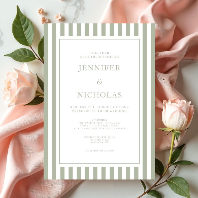 Invitación Elegant Sage Green Stripes Wedding (Elegant Sage Green Stripes Wedding Invitation)