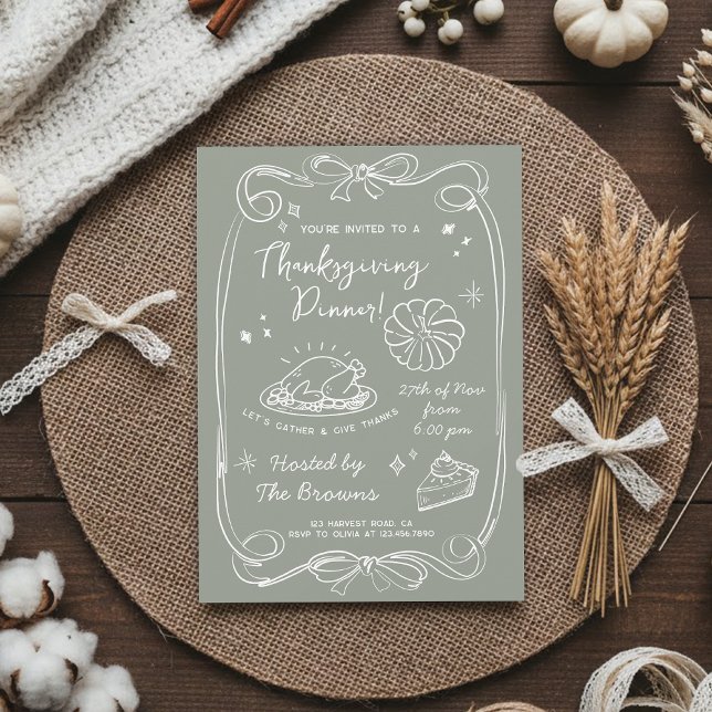 Invitación Elegant Sage Green Thanksgiving Dinner  (Subido por el creador)