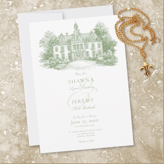 Invitación Elegant Sage Green Toile French Manor Wedding (Elegant Sage Green Toile French Manor Wedding Invitation)