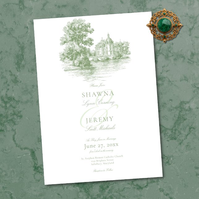 Invitación Elegant Sage Green Toile French Manor Wedding (Elegant Sage Green Toile French Manor Wedding Invitation)