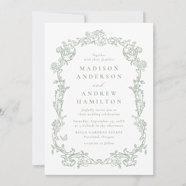Invitación Elegant Sage Green Victorian Floral Frame Wedding (Anverso)