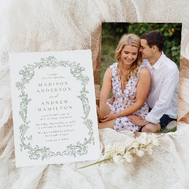 Invitación Elegant Sage Green Victorian Floral Photo Wedding