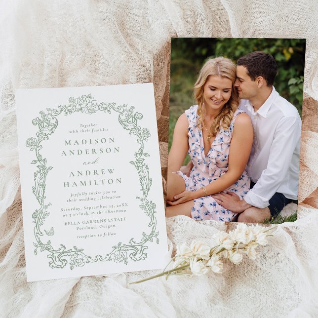 Invitación Elegant Sage Green Victorian Floral Photo Wedding (Subido por el creador)