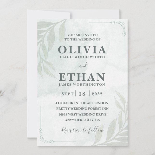 Invitación Elegant Sage Green Watercolor Foliage Wedding  (Anverso)