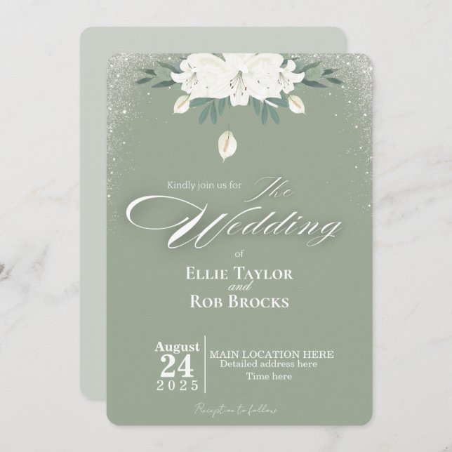 Invitación Elegant Sage Green White Floral Wedding Invitation (Anverso / Reverso)