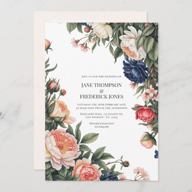 Invitación Elegant Sage, Navy & Peach Floral Wedding QR Code (Anverso / Reverso)