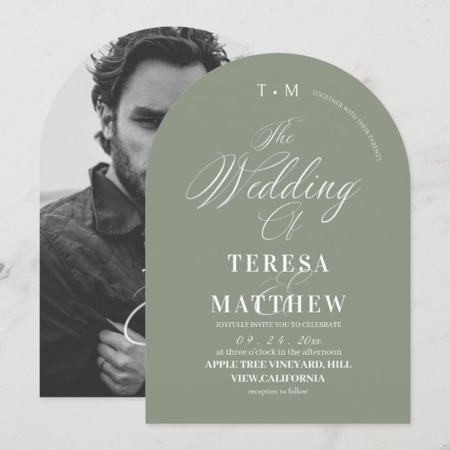 Invitación Elegant Sage & White Classic Script Wedding (Anverso / Reverso)