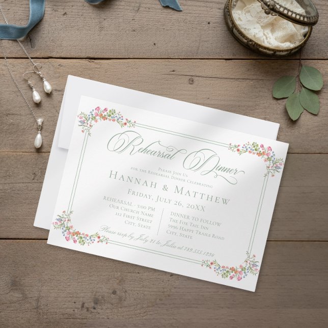 Invitación Elegant Sage Wildflower Crest Wedding Rehearsal (Subido por el creador)