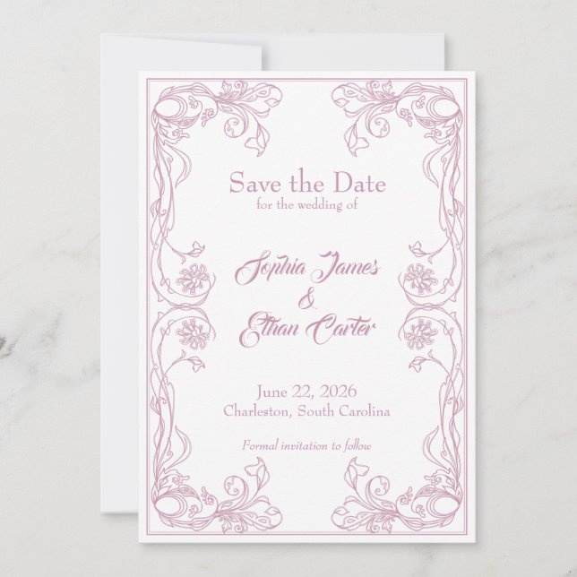 Invitación Elegant Save the Date Card - Pink Rose Filigree (Anverso)
