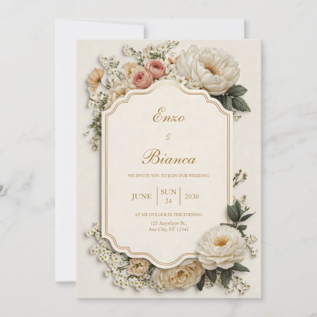 Invitación Elegant Scalloped Blush Peony Floral Wedding (Anverso)