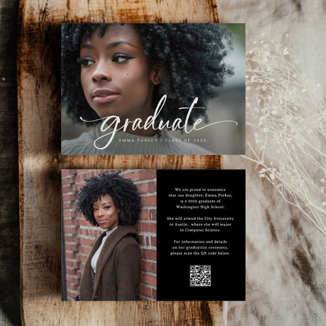 Invitación Elegant Script and Black Photo QR Code Grad Party (Subido por el creador)