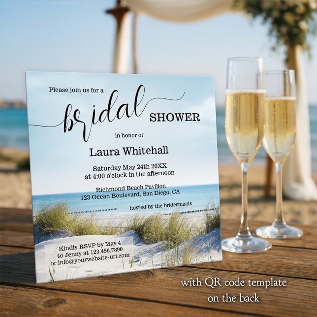 Invitación Elegant Script Beach Bridal Shower (Beach bridal shower invitation showing a view from the dunes over the ocean - with QR code template)