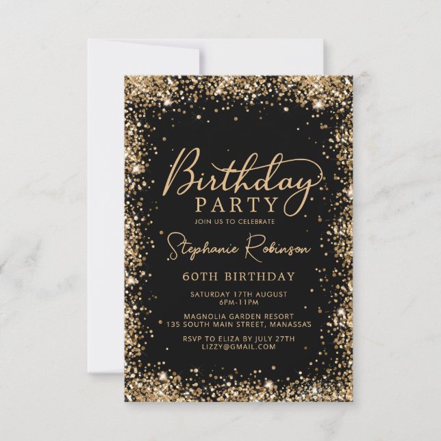 Invitación Elegant Script Black Gold Glitter 60th Birthday (Anverso)