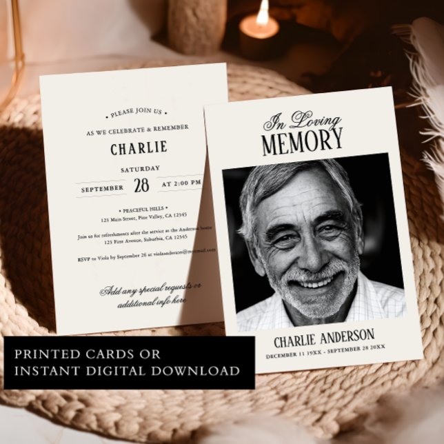 Invitación Elegant Script Black & White Photo Funeral (Subido por el creador)