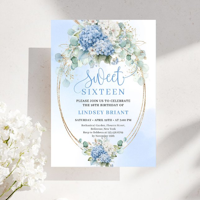 Invitación Elegant Script Blue Hydrangea Gold Sweet Sixteen (Elegant Script Blue Hydrangea Gold Sweet Sixteen)
