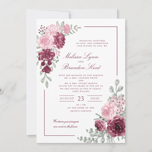 Invitación Elegant Script Burgundy Floral Watercolor Wedding (Anverso)