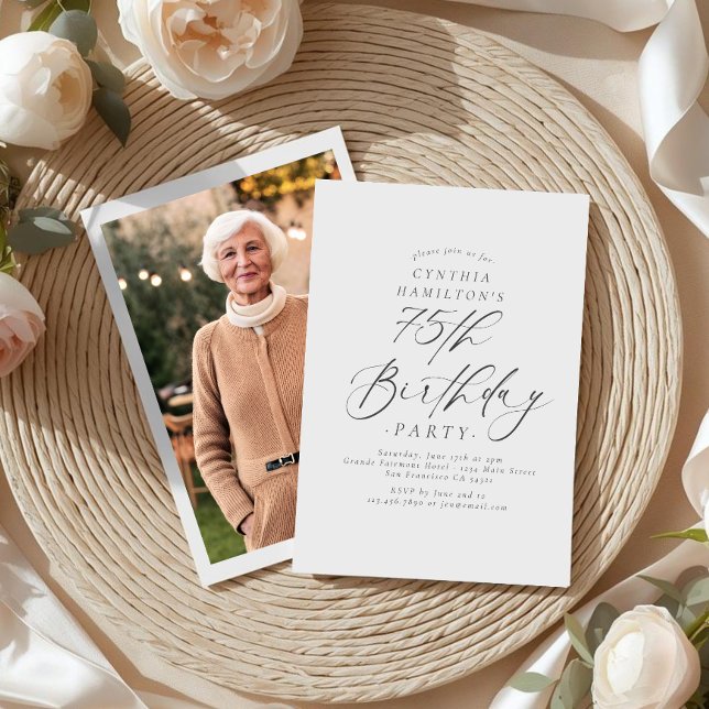Invitación Elegant Script Calligraphy 75th Birthday Photo  (Subido por el creador)