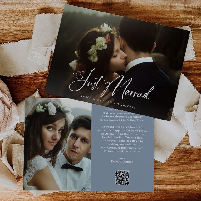 Invitación Elegant Script Dusty Blue | QR Code Just Married (Subido por el creador)