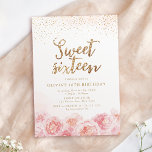 Invitación Elegant script gold & blush floral sweet sixteen<br><div class="desc">Modern chic "sweet sixteen" script,  trendy faux gold glitter and blush pink watercolor floral design,  elegant and stylish,  great sweet 16 birthday party invitations.</div>
