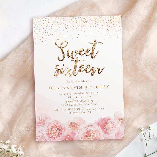 Invitación Elegant script gold & blush floral sweet sixteen (Elegant script gold & blush floral sweet sixteen invitation)