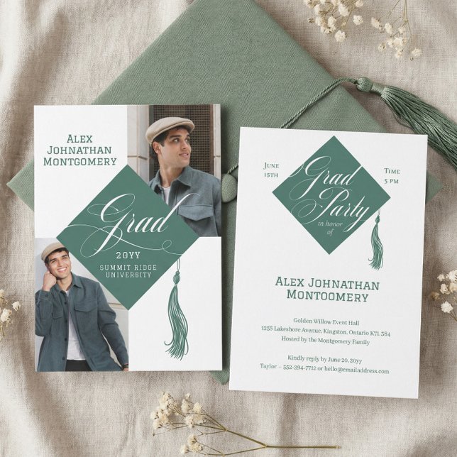 Invitación Elegant Script Grad Cap Tassel Graduation Photo (Elegant Script Grad Cap Tassel Graduation Photo Invitation)