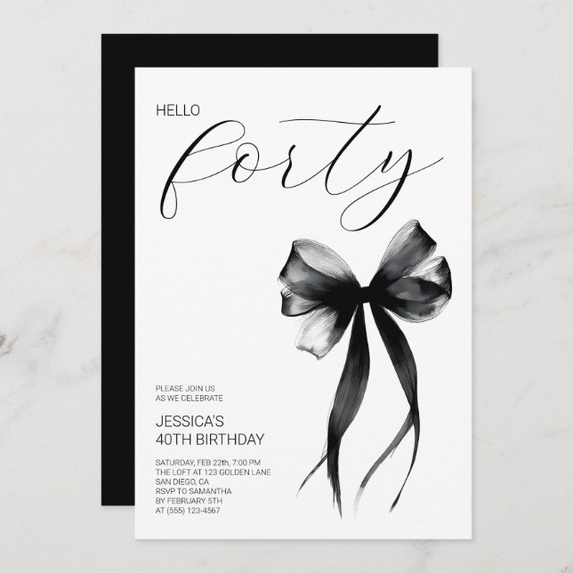 Invitación Elegant Script Hello Forty Bow 40th Birthday Party (Anverso / Reverso)