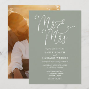Invitación Elegant Script Mr. and Mrs Photo Sage Green Boda