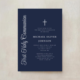 Invitación Elegant Script Navy Blue Boy First Communion