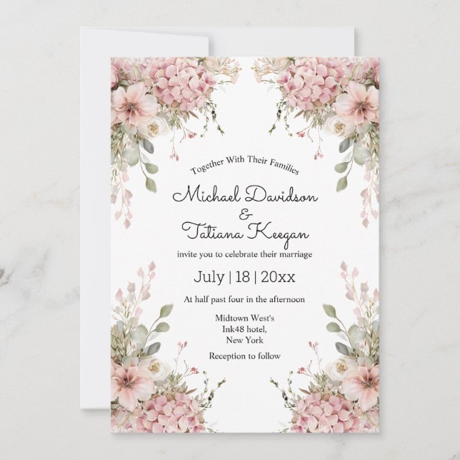 Invitación elegant script pink floral minimal modern wedding (Anverso)