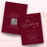 Invitación Elegant Script QR Code Burgundy White Wedding<br><div class="desc">Discover this elegant burgundy and white wedding invitation featuring beautiful script calligraphy and a modern QR code wedding invitation design. Perfect for couples planning a romantic, classic, or modern wedding theme. Easily personalize with your names, wedding date, and event details, while the QR code lets guests quickly visit your wedding...</div>