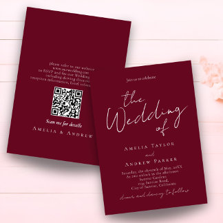 Invitación Elegant Script QR Code Burgundy White Wedding