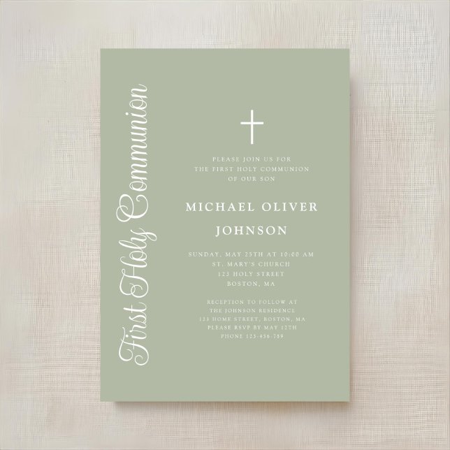 Invitación Elegant Script Sage Green Boy First Communion (Subido por el creador)