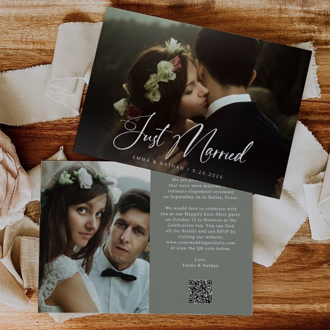 Invitación Elegant Script Sage Green | QR Code Just Married (Subido por el creador)