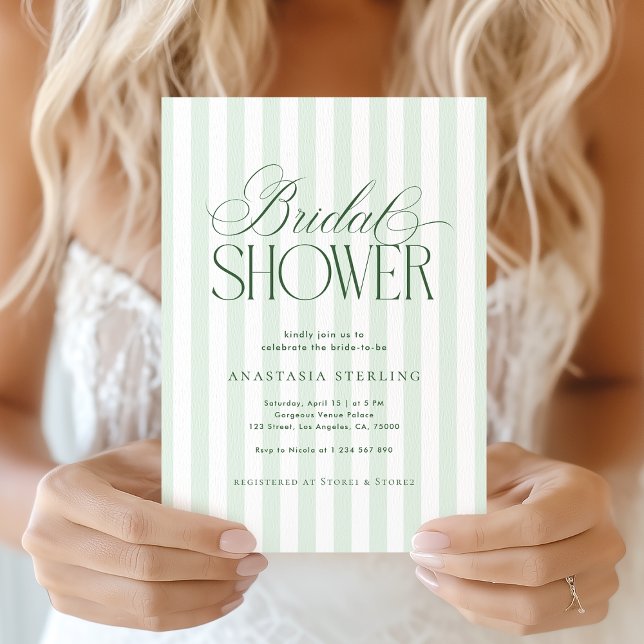 Invitación Elegant Script Sage Green Stripes Bridal Shower (Subido por el creador)