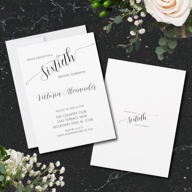 Invitación Elegant Script Sixtieth Birthday Celebration (Elegant Minimal Black White Birthday Invitation)