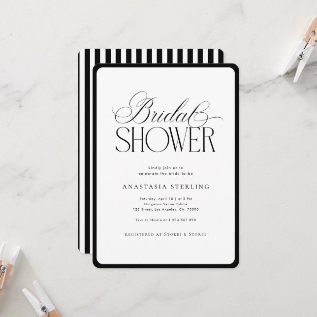 Invitación Elegant Script Stripes Black & White Bridal Shower (Anverso/Reverso In Situ)