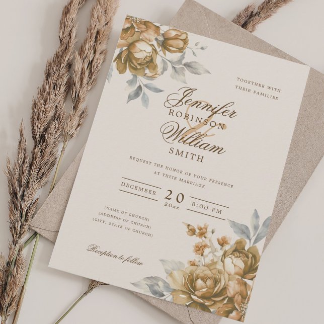 Invitación Elegant Script Wedding Gold Floral  (Elegant Script Wedding Gold Floral Invitation)