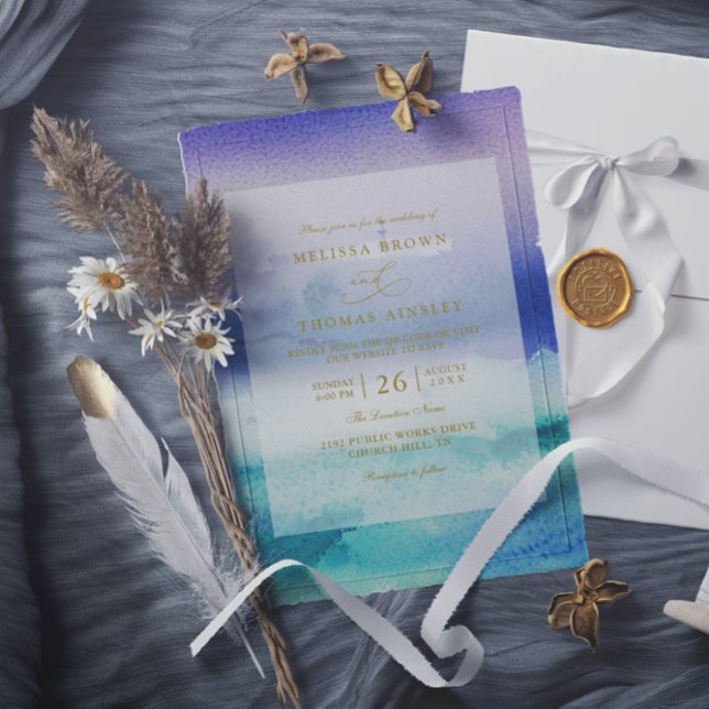 Invitación Elegant Sea Blue Purple Beach QR Code Wedding (Subido por el creador)