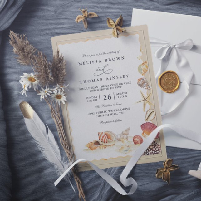 Invitación Elegant Shells Beach Sea Sand QR Code Wedding (Subido por el creador)