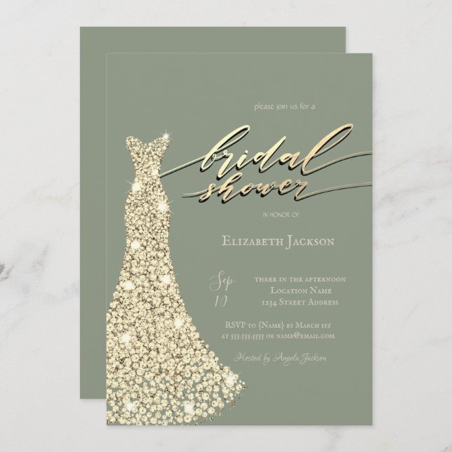 Invitación Elegant Shiny Dress Sage Green Bridal Shower  (Anverso / Reverso)