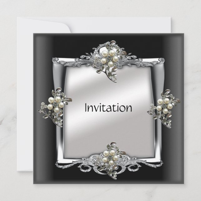 Invitación Elegant Silver Black Pearl Jewel (Anverso)